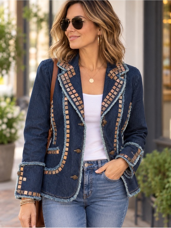 Chez Vouzde France Jackets & Blazers - Vintage Style Studded Denim Jacket Chez Vouzde France Boho Western Large